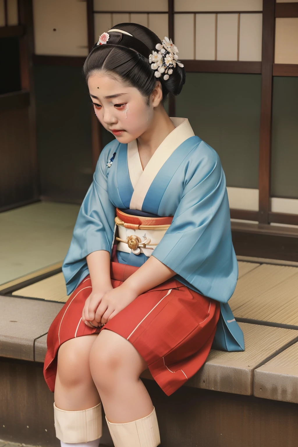 Kioto, 1935. A young ((((15-year-old)) Hatsumiyo)), round face, chubby cheeks, skinny figure, kind, gentle, sittin on a street bench, ((((crying)))), ((((geisha girl clothings from the 1930s)))), ((geisha hairstyle of the 1930s)), color