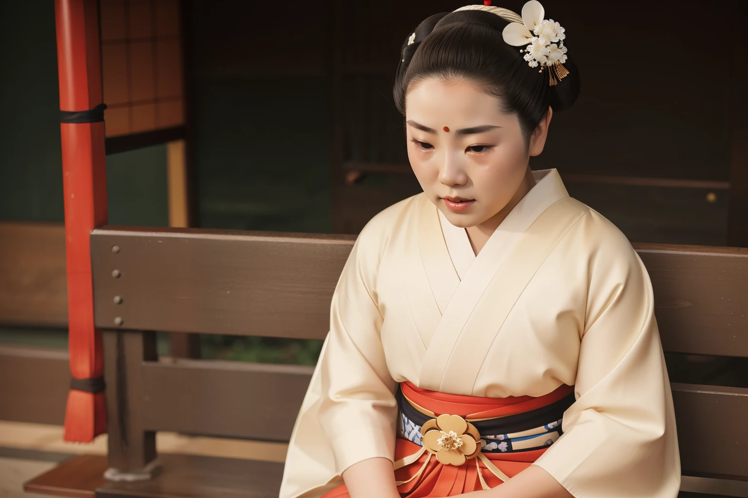 Kioto, 1935. A young ((((15-year-old)) Hatsumiyo)), round face, chubby cheeks, skinny figure, kind, gentle, sittin on a street bench, ((((crying)))), ((((geisha girl clothings from the 1930s)))), ((geisha hairstyle of the 1930s)), color