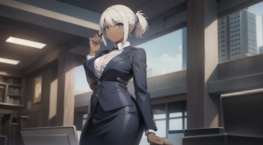 (best quality:1.2), beautiful, perfect eyes, perfect face, 1girl, solo, dark skin female, muscular female, white hair, business suit, pencil skirt, black pantyhose, cowboy shot,