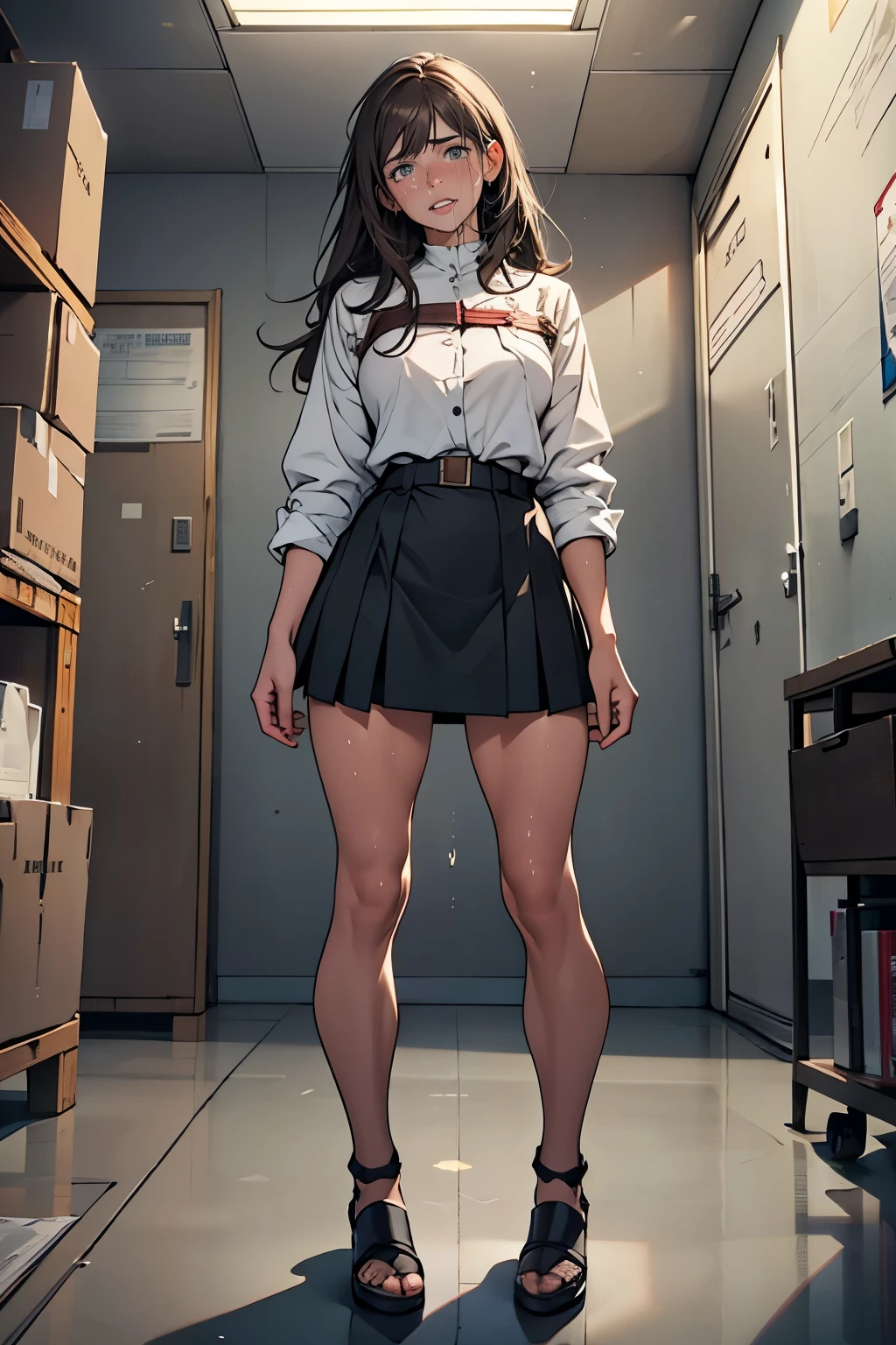 (Highly detailed CG Unity 8k wallpaper), (Masterpiece), (Highest quality), (Super detailed), (Best illustration), (Best shadow), (Absurd), 25 years old, Bullish, Embarrassed, Sweat, Steam, Looking The viewer sees a female teacher, long hair, brown hair, white blouse, black skirt, upward facing eyes, inside a junior high school warehouse, fluorescent lights shining, standing up, full body.