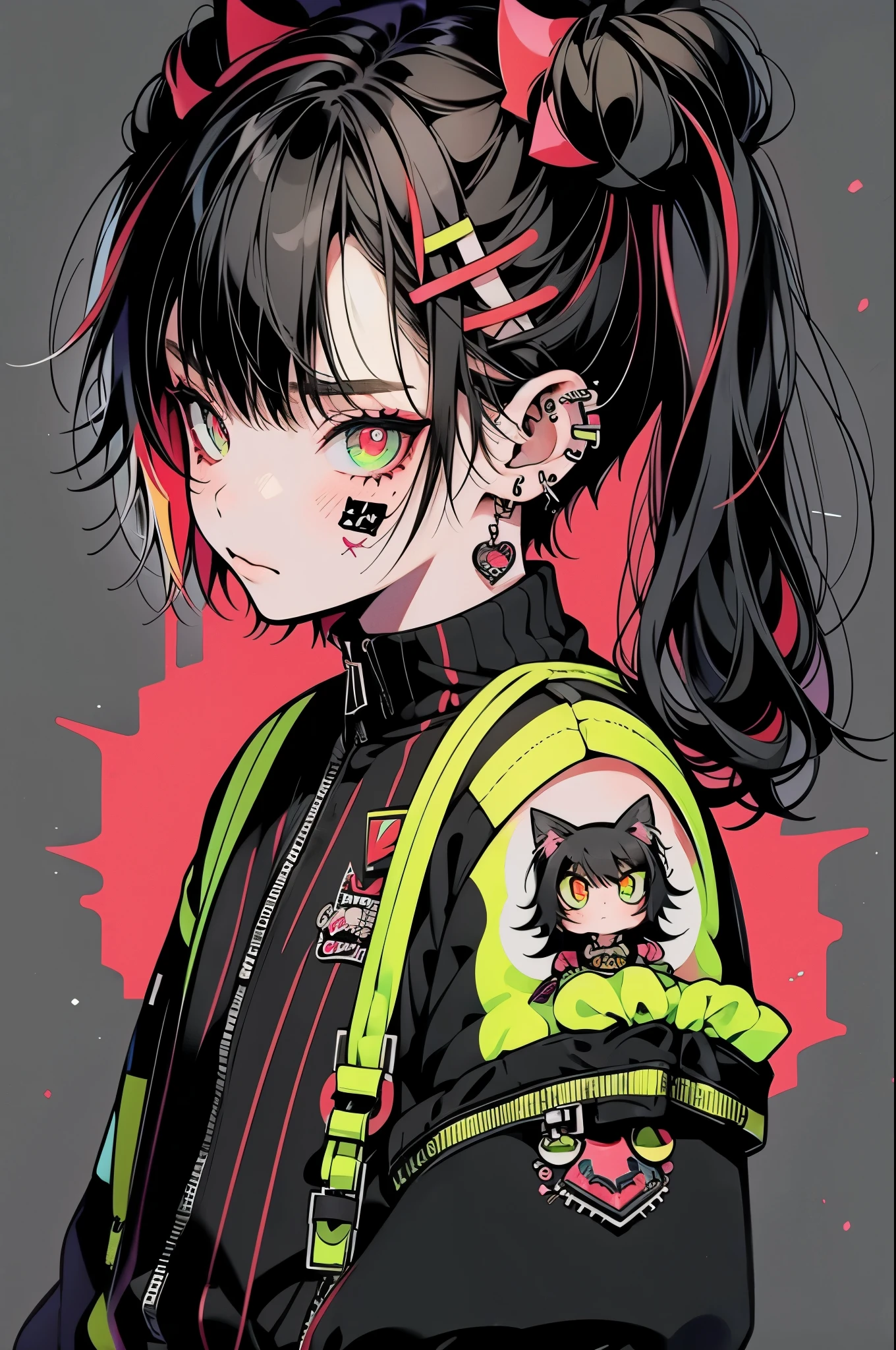 Punk rock emo girl, Neko, wolf girl, long neon yellow hair in pigtails, tattoo sleeves and piercings, Red eyes, slender, skinny, short, Harajuku-inspired punk clothes, no twins, one person
