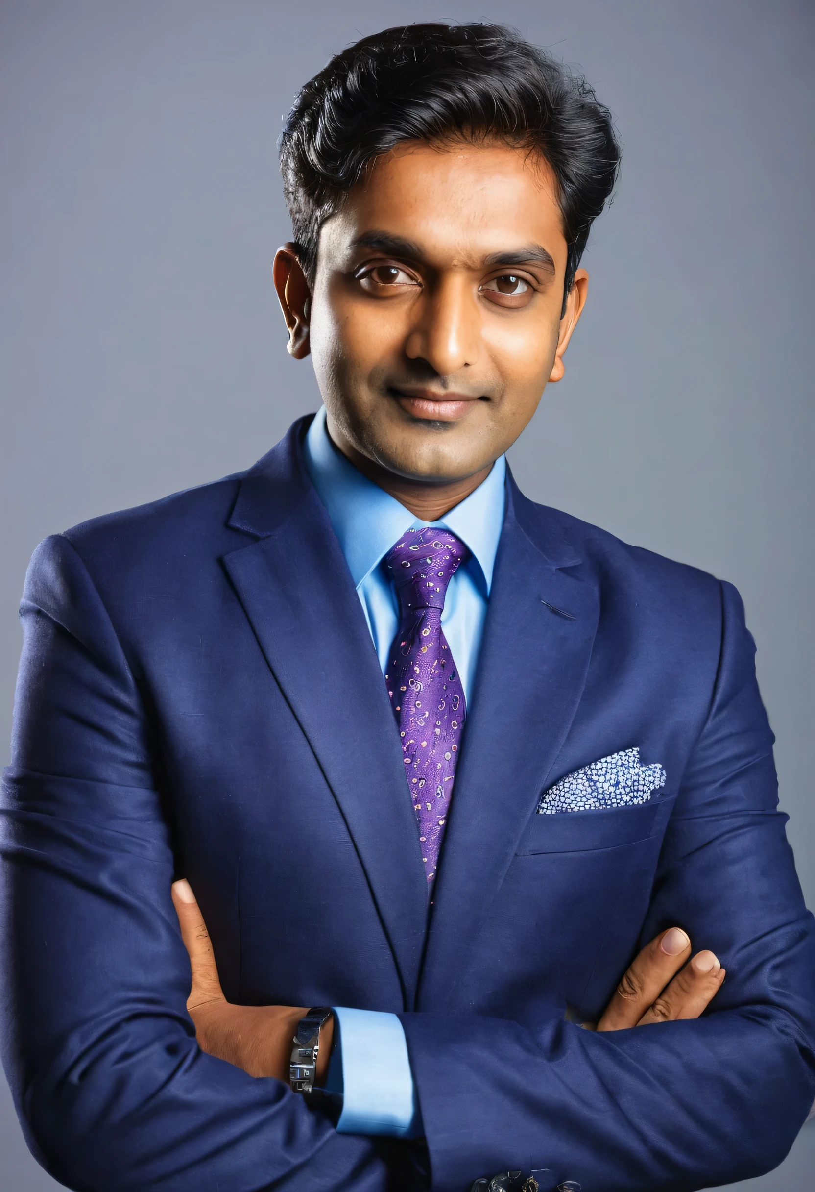 A mature Indian Male in his mid-20s, portrait, in studio with studio lighting and studio background, Looking directly at the camera, Confident and friendly expression, formal dressed in modern, stylish attire, Bright, Vibrant colors