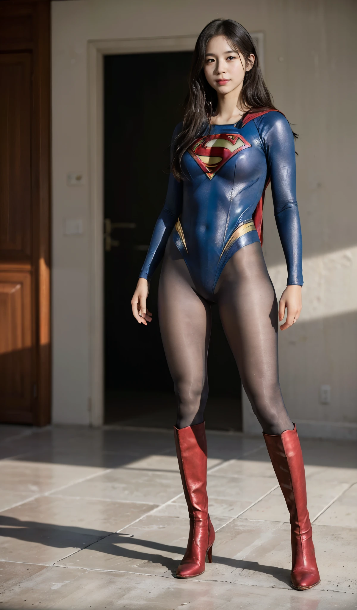No background、(((Beautiful legs in black tights.)))、(((Legally express the beauty of your smile)))、((((Make the most of your original images)))、(((Supergirl Costume)))、(((Beautiful Hair)))、(((suffering)))、(((Please wear black tights....、Wear red boots)))、((Best image quality、8K))、((highest quality、8K、masterpiece:1.3))、(((keep background )))、Sharp focus:1.2、Beautiful woman with perfect figure:1.4、Thin abdominal muscles:1.2、Wet body:1.5、Highly detailed face and skin texture、8K