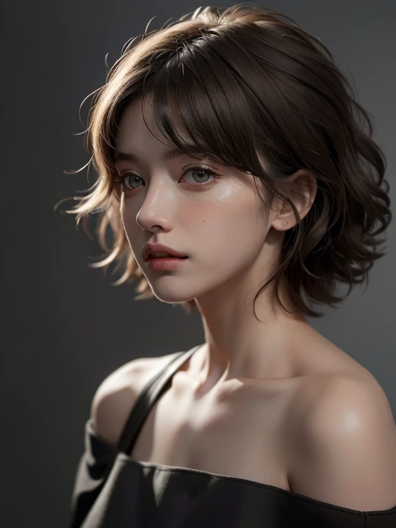 Best quality, masterpiece, ultra high res, (photorealistic:1.5), raw photo, 1girl, offshoulder, in the dark, deep shadow, low key, cold light, y look, short hair
