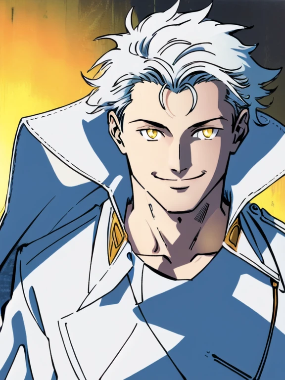 (Illustration, high resolution, best quality: 1.5, masterpiece, minimalist, simplistic detail, anime) solo: 2, teenager, trench coat, white hair, messy hair, yellow eyes, smiling, half body, glowing eyes, male, jim lee, 