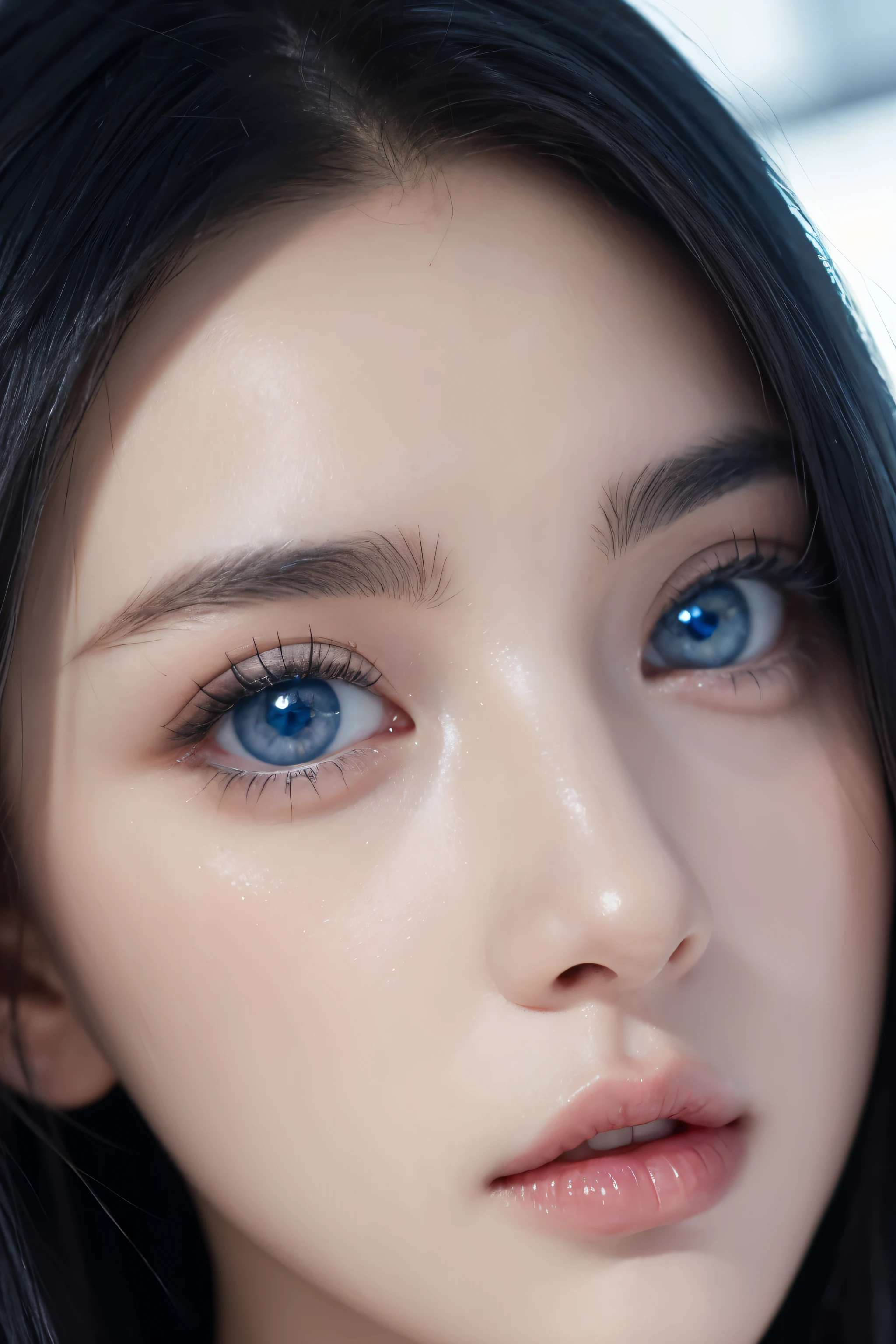 close-up of a woman with blue eyes and black hair, SZA, sapphire blue eyes, sad blue eyes, stunning eyes, sha xi, Akech's trump card, sight, sad eyes,