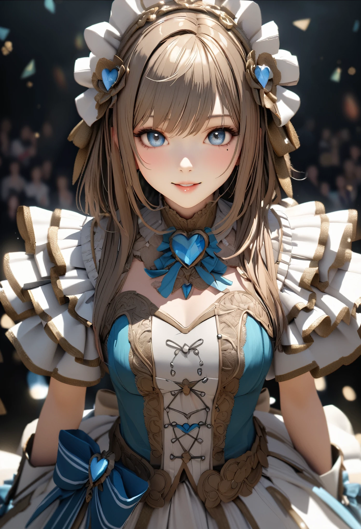One Girl、Looking at the audience、
Beautiful Blue Eyes、Brown long hair、Mole under the eye、Plump and glossy lips、Heart-shaped choka、Idol、smile、ー、。.。.。.。.。.。.。.。.。.。.。.。.。.。.。.。.。.。.3D、Realistic、
Princess dress with too many frills、Draped clothing、gem、Decorations have been removed、Floral、Lace trim、bright stage、
masterpiece、highest quality、8k、Detailed skin texture、Detailed cloth texture、Beautifully detailed face、Intricate details、Ultra-detailed、
超A high resolution、8k UHD、Film Grain、Best Shadow、Delicate、Staring at the audience、front