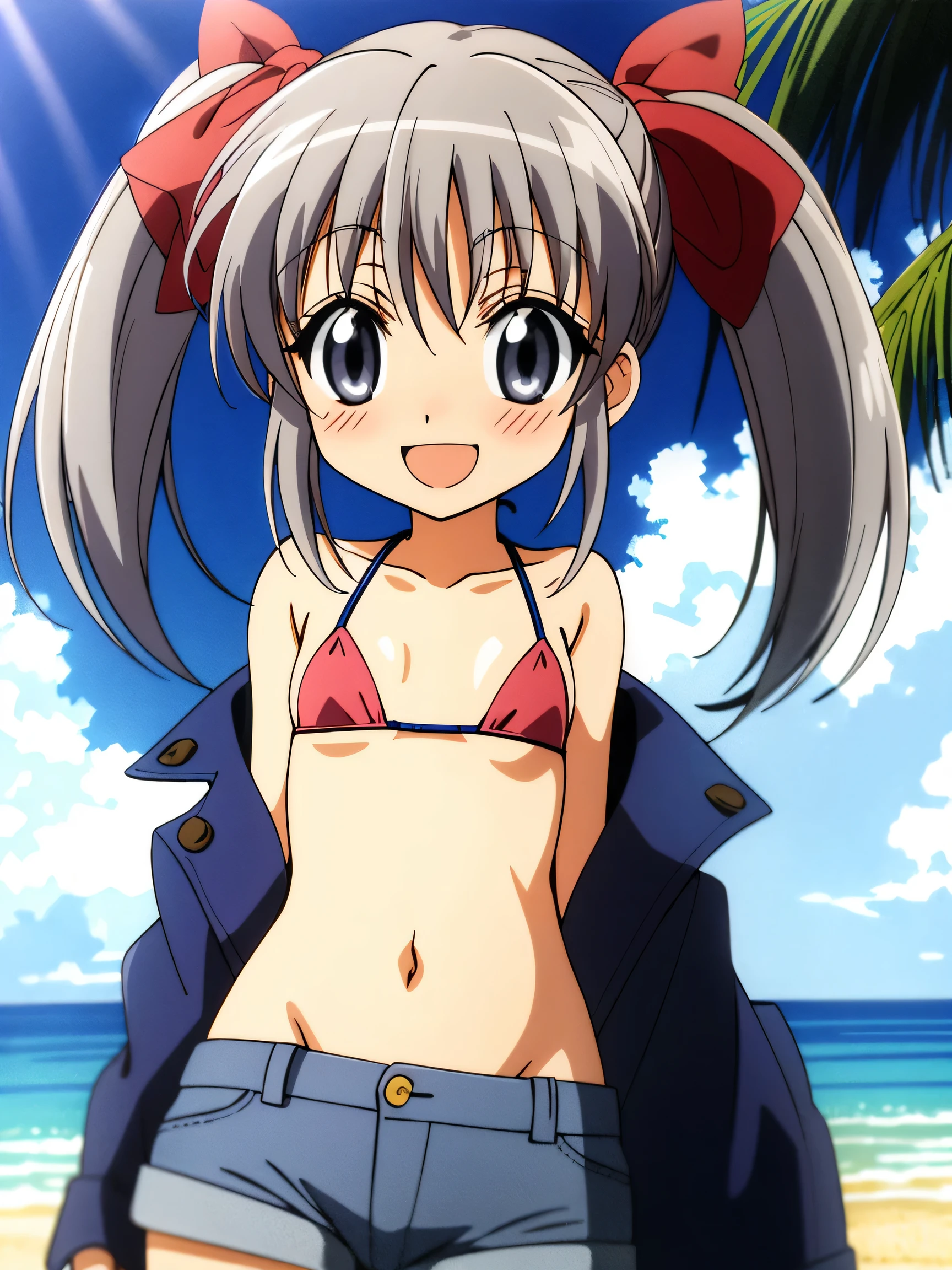 Silver Hair、Grey Eyes、Twin tails、、Flat Chest、Short、Micro Bikini、High leg、masterpiece、High resolution、highest quality、Detailed face、Anime Moe Art Style、abdomen、Belly button、Cowboy Shot、blush、Embarrassed、smile、Outdoor、healthy、Puffy nipples、anime best girl, cute anime girl、Beach、Groin