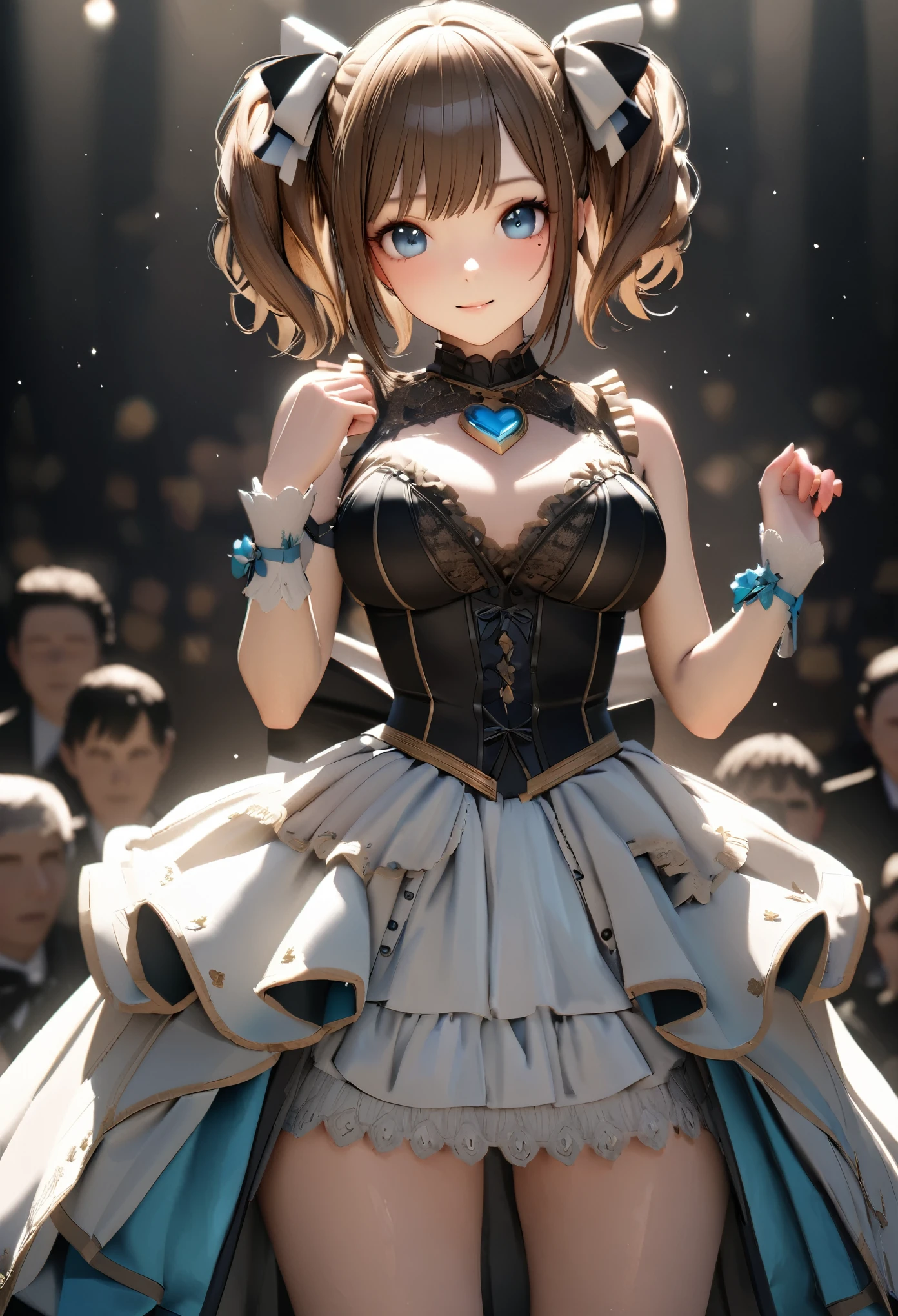 One Girl、Looking at the audience、
Beautiful Blue Eyes、Brown short hair、Mole under the eye、Plump and glossy lips、Heart-shaped choca、Idol、smile、ー、。.。.。.。.。.。.。.。.。.。.。.。.。.。.。.。.。.。.3D、Realistic、
Princess dress with too many frills、Drape clothes、gem、The decoration has been removed、Floral、Lace trim、bright stage、
masterpiece、highest quality、8k、Detailed skin texture、Detailed cloth texture、Beautifully detailed face、Intricate details、Very detailed、
超A high resolution、8K Ultra HD、Film Grain、Best Shadow、delicate、Staring at the audience、front