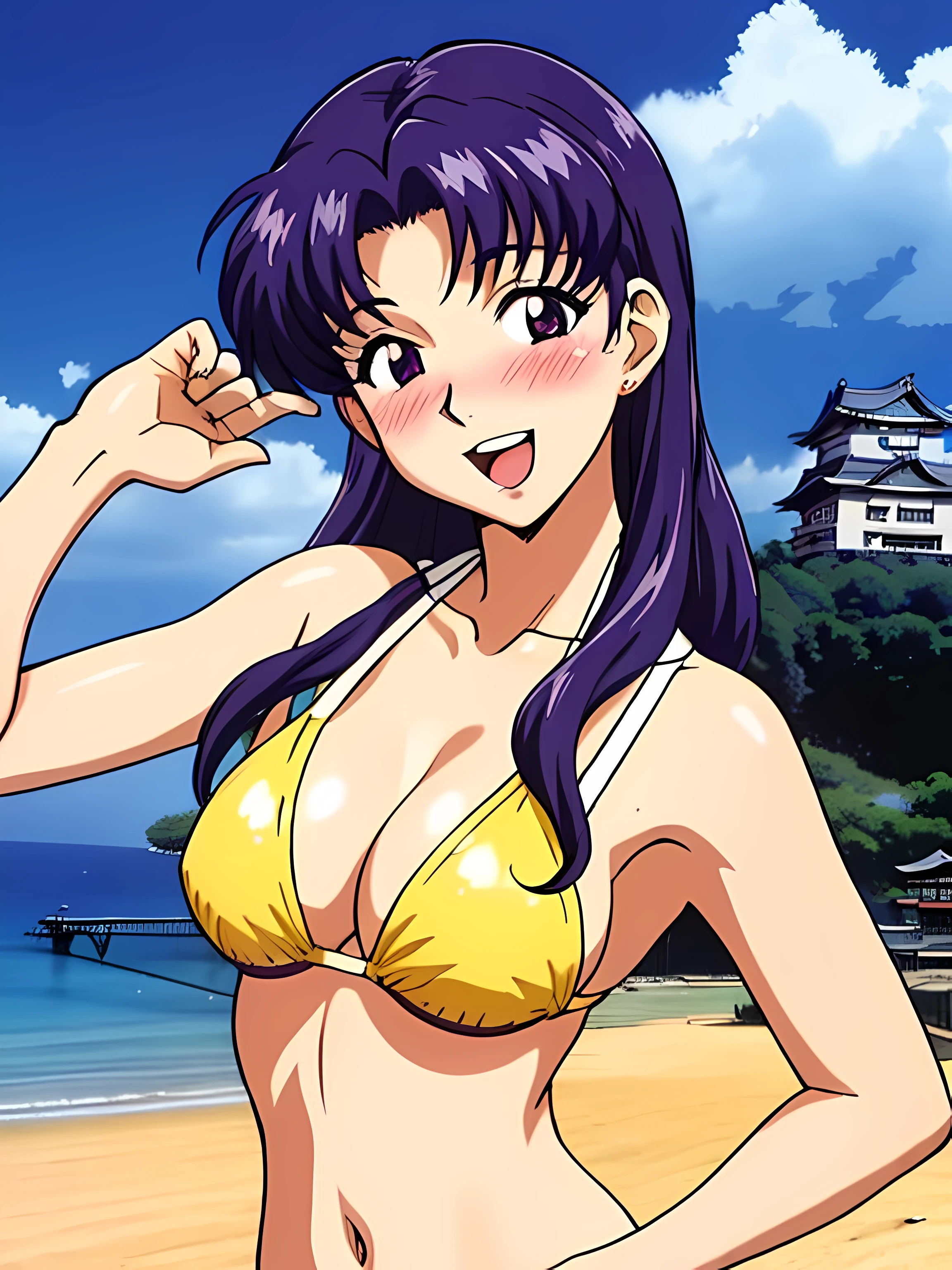 ((Katsuragi Castle_Misato wearing a yellow bikini)), wearing micro shorts, pose for a photo on the beach, Moderate_tits, purple hair, (analog quality:0.6), (film grain:0.8), (blushing), open mouth smile, posing, 
