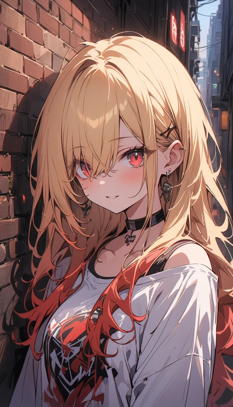 超8K masterpiece, ((非常にdetailedな背景, Delicate pattern, 複雑なdetailed)), highest quality, 複雑なdetaileds, chromatic aberration, One girl, Long Hair, Blonde, Messy Hair, Red highlights, Hair on one eye, Sharp eyes, choker, Brick wall, graffiti, Dim lighting, alley, Oversized shirt,Off the shoulder, Sheer white shirt, masterpiece, highest quality、(highest quality、masterpiece、High resolution、detailed)Anime Style、flat style、(Shining Eyes、detailed美しい顔), BREAK,