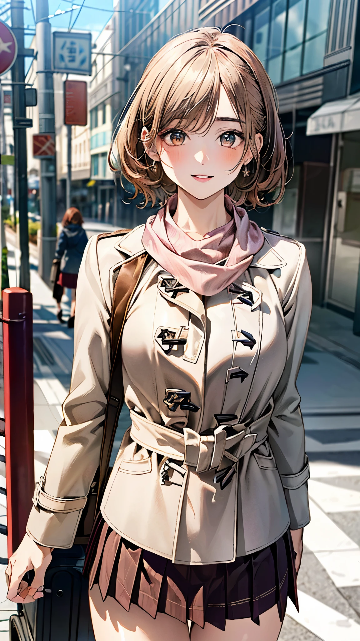 (masterpiece:1.3, top-quality, ultra high res, ultra detailed), (realistic, photorealistic:1.4), beautiful illustration, perfect lighting, natural lighting, colorful, depth of fields, surrealism,
beautiful detailed hair, beautiful detailed face, beautiful detailed eyes, beautiful clavicle, beautiful body, beautiful chest, beautiful thigh, beautiful legs, beautiful hands, 
looking at viewer, (cowboy shot), 1 girl, high school girl, (perfect hands, perfect anatomy, anatomically correct), cute and symmetrical face, babyface, perfect face, perfect eyes, 
(short hair, side ponitail, orange hair), marron eye, long eye lasher, (medium breasts), slender, white skin, shiny skin, 
((detailed cloth texture, winter clothes, light pink scarf, light brown duffle coat, red pleated mini skirt, white fluffy hair band), suitcase), 
(beautiful scenery), winter of japan, daylight, (city), standing, (versatile sexy poses), (lovely smile, upper eyes, parted lips),