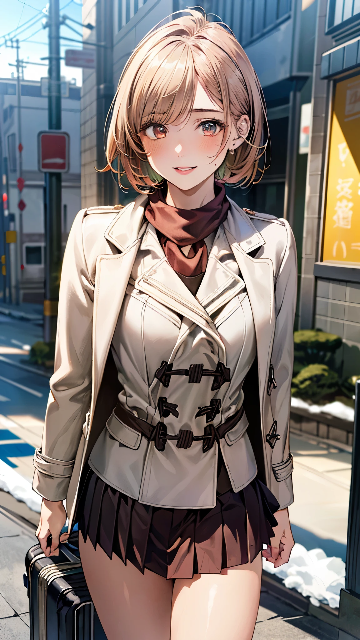 (masterpiece:1.3, top-quality, ultra high res, ultra detailed), (realistic, photorealistic:1.4), beautiful illustration, perfect lighting, natural lighting, colorful, depth of fields, surrealism,
beautiful detailed hair, beautiful detailed face, beautiful detailed eyes, beautiful clavicle, beautiful body, beautiful chest, beautiful thigh, beautiful legs, beautiful hands, 
looking at viewer, (cowboy shot), 1 girl, high school girl, (perfect hands, perfect anatomy, anatomically correct), cute and symmetrical face, babyface, perfect face, perfect eyes, 
(short hair, side ponitail, orange hair), marron eye, long eye lasher, (medium breasts), slender, white skin, shiny skin, 
((detailed cloth texture, winter clothes, light pink scarf, light brown duffle coat, red pleated mini skirt, white fluffy hair band), suitcase), 
(beautiful scenery), winter of japan, daylight, (city), standing, (versatile sexy poses), (lovely smile, upper eyes, parted lips),