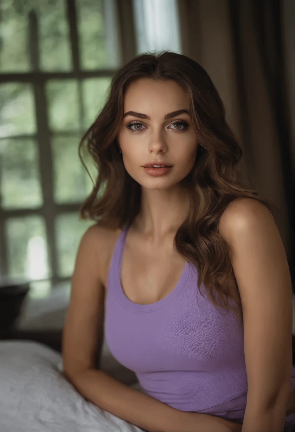 arafed woman with matching tank top and panties, sexy girl with brown eyes, portrait sophie mudd, brown hair and large eyes, selfie of a young woman, bedroom eyes, violet myers, without makeup, natural makeup, looking directly at the camera, face with artgram, subtle makeup, stunning full body shot, in bedroom, cleavage, purple top