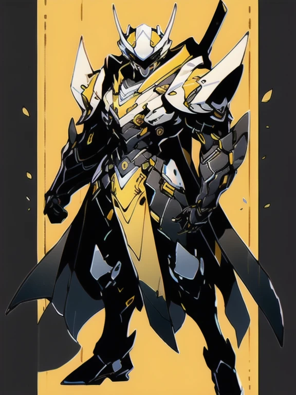 (Illustration, high resolution, best quality: 1.5, masterpiece, minimalist, simplistic detail, anime) solo: 2, ager, trench coat, white hair, messy hair, yellow eyes, smiling, full body, glowing eyes, male, jim lee, mecha, mecha, visor, dark slim armor,