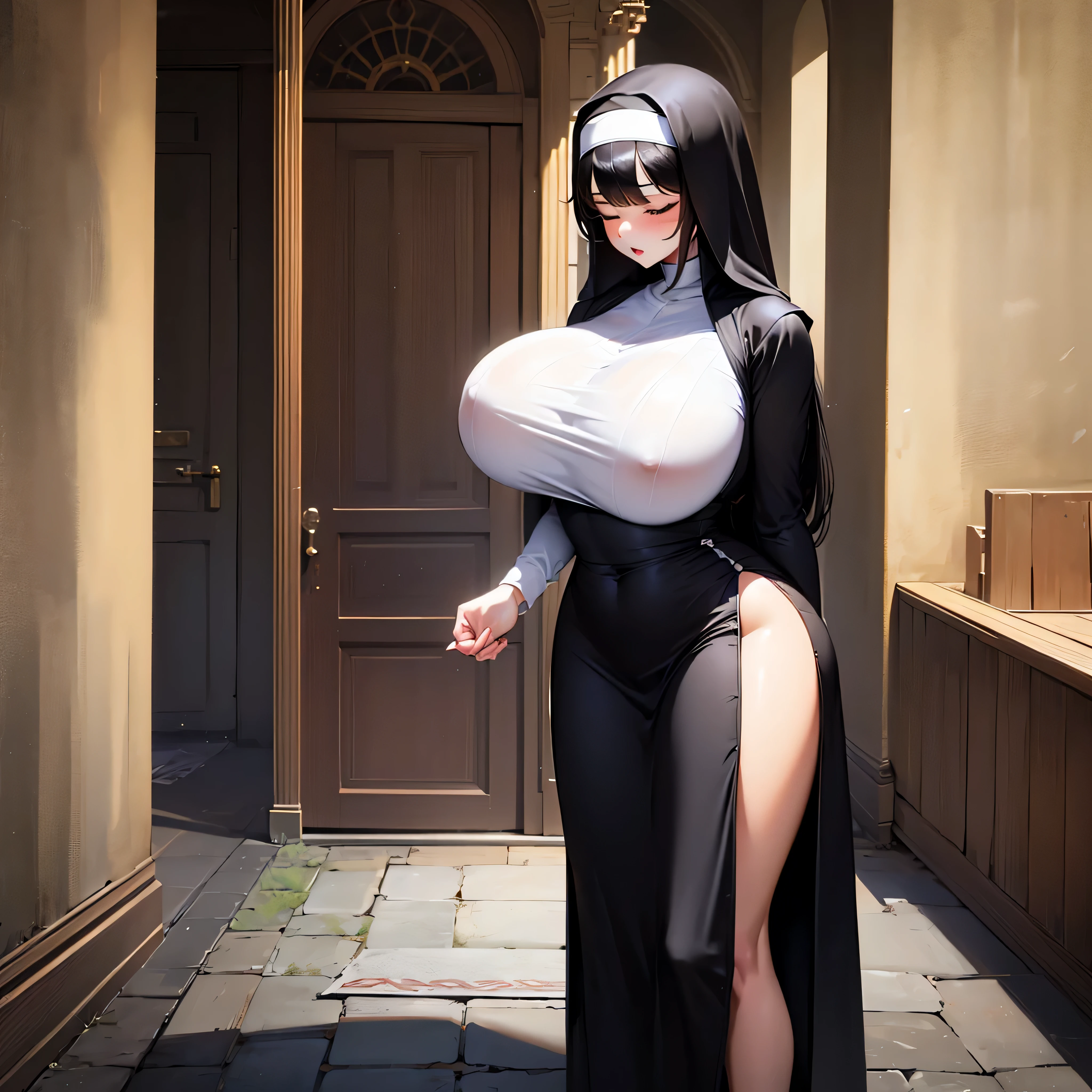 (solo:1.2), (1 praying skinny cute nun:1.3) standing in church, swinging back, (praying with holding hands together over chest:1.2), (tight sheer long black robe:1.6), narrow shoulders, (disproportionately gigantic breasts:1.3), (bursting perky breasts:1.3), (inconceivably narrow waist), too short torso, skinny long legs, closing eyes, nose blush, open mouth, (heavy breathing:1.3), stained glass in distance, full body, 8k, ultra-detailed, masterpiece, beautiful detailed hair, orgasm