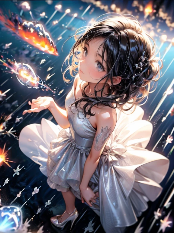 cute girl, (((looking up at meteor rain:1.4))), masterpiece:1.4, best quality:1.4, 8k, CG, photorealistic:1.37, beautiful ultra-delicate (hair, eyes, face, hands, meteor rain), short straight black hair, flowy hair, through bangs, fluffly pure white ball gown dress, (dutch angle:1.2), high heels