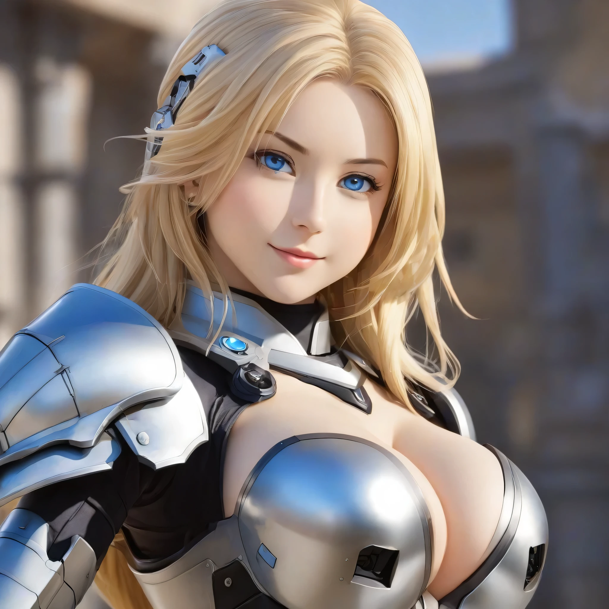 (masterpiece),(best quality),(ultra-detailed),(best illustration),(best shadow),(absurdres),(detailed background),(very aesthetic), 1girl, solo, light blonde hair, long hair, blue eyes, seductive smile, large breasts, mecha musume, armor, looking at viewer, arms crossed, cute eyes, 