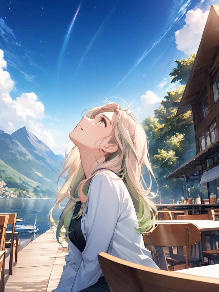 (looking up at the sky:3.5),(from side:1.5),(masterpiece:1.2), (best quality),(ultra detailed),(extremely detailed),(absolutely resolution) ,absurdres,8k, 1girl-drinking-hot-coffee-in-cafeteria-outdoor,sitting-on-the-woody-chair, grin, cake, beautiful-landscape-background, mountain, shinny-lake, flowers, windy,
BREAK, ultra detailed eyes, long hair, messy hair, (gradation hair:2.5), tanktops, skirt,