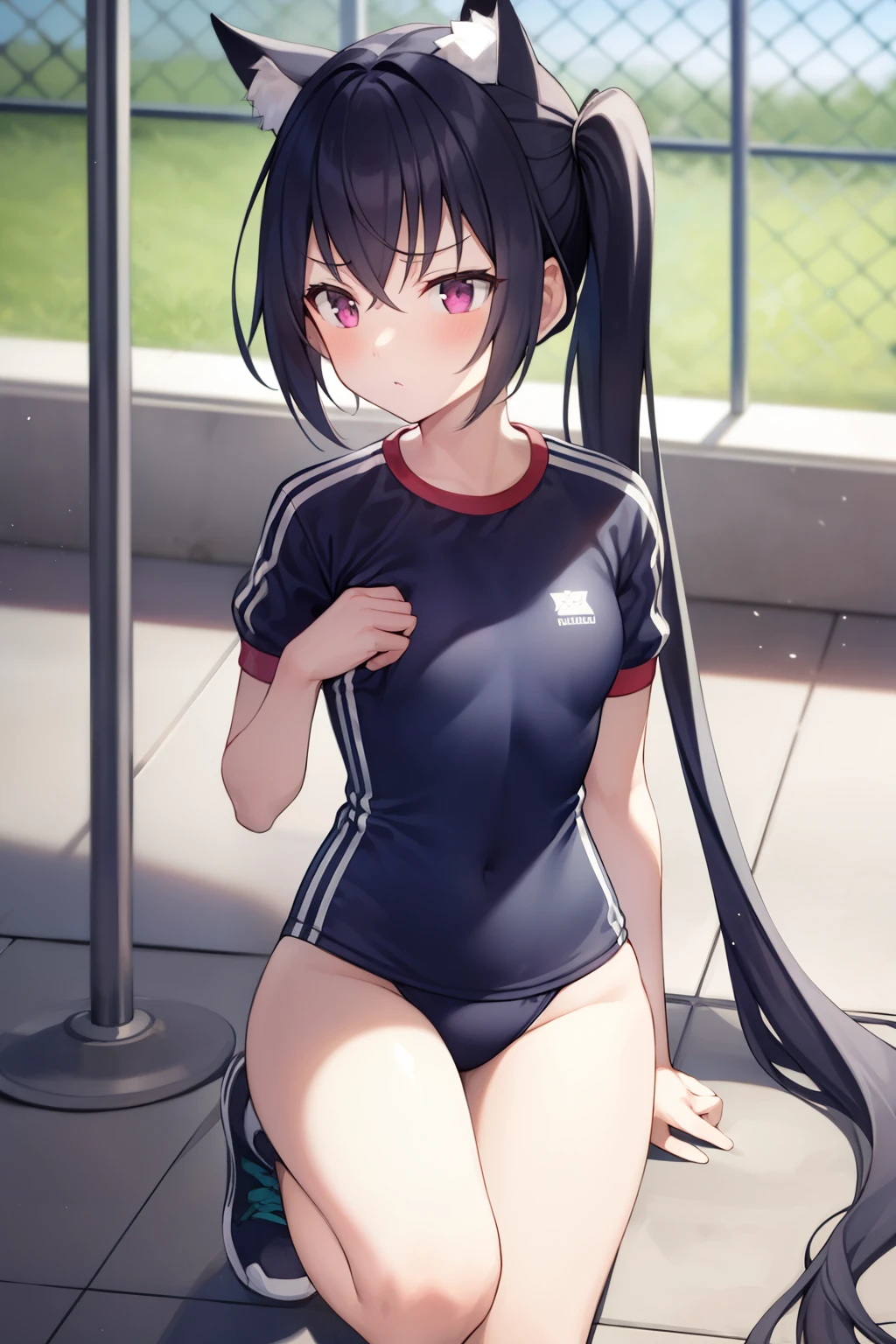 white, 1 girl, Lonely, clock_Please step back, With bangs, Blushed,, He is himself, wrist_cuff, decorate, not a big deal_, Gym suit, ponytail, fluffy_, crop_superior, dull_With bangs,, awaGo outh, not a big deal腿, black_Eyes that I have, c Hair, Kneel, _Go out, Publication location