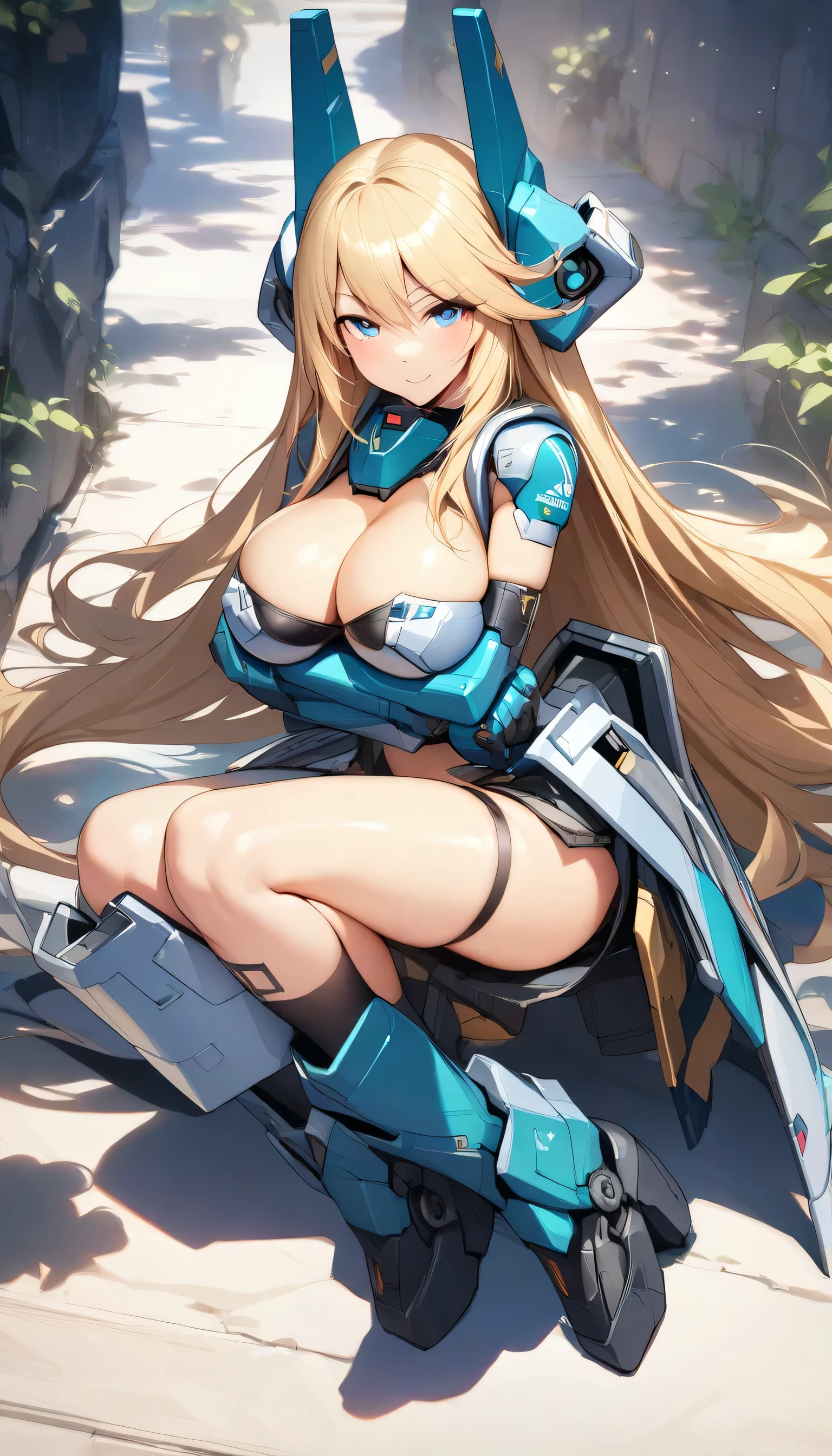 (masterpiece),(best quality),(ultra-detailed),(best illustration),(best shadow),(absurdres),(detailed background),(very aesthetic), 1girl, solo, light blonde hair, long hair, blue eyes, seductive smile, large breasts, mecha musume, armor, looking at viewer, arms crossed, cute eyes, full body,