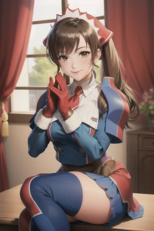 masterpiece, highest quality, Alicia Melchiot, Head ornament, Red tie, uniform, gloves, Blue knee socks, Sitting, Upper Body, wave hands, smile, Mouth closed 