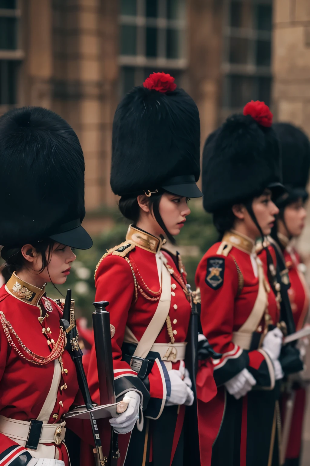 (higher resolution), british guards 털모자와 옷을 입은 아라페드 여성, british guards, No makeup , without makeup, portrait of a girl, Profile picture, Use Instagram Filters, Subtle soft and dim light, perfect face, julia sardinian, 💂🏻, Buckingham,