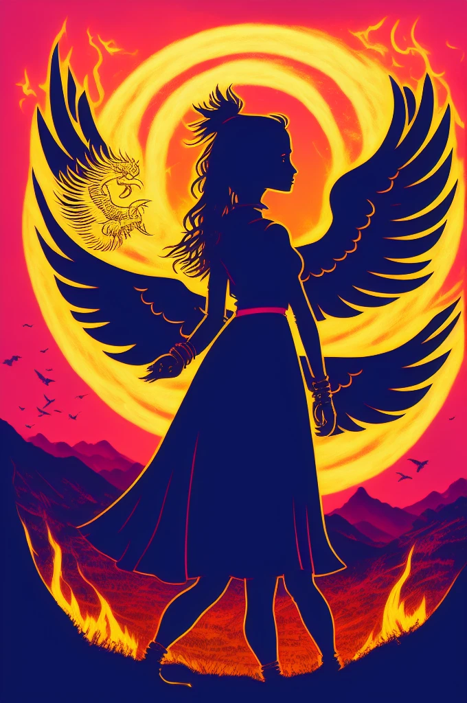 (masterpiece, best quality: 1.2), a girl with Phoenix wings standing in a ring of fire, With glowing red eyes, Phoenix, lotus, Red gold pink, Sunrise over the mountains in the background