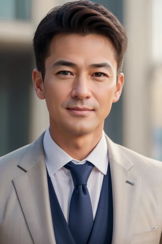 middle aged male、 TV presenter. ((highest quality、masterpiece、photo-realistic:1.4、In 8K))、well-groomed face、Eye and face details、(wear a suit:1.3)、rough skin、 Super detailed、 high  dtail、 high quality、 High resolution、（looking at the viewer）、detailed mouth、 smile. sun light、 Paris city center
