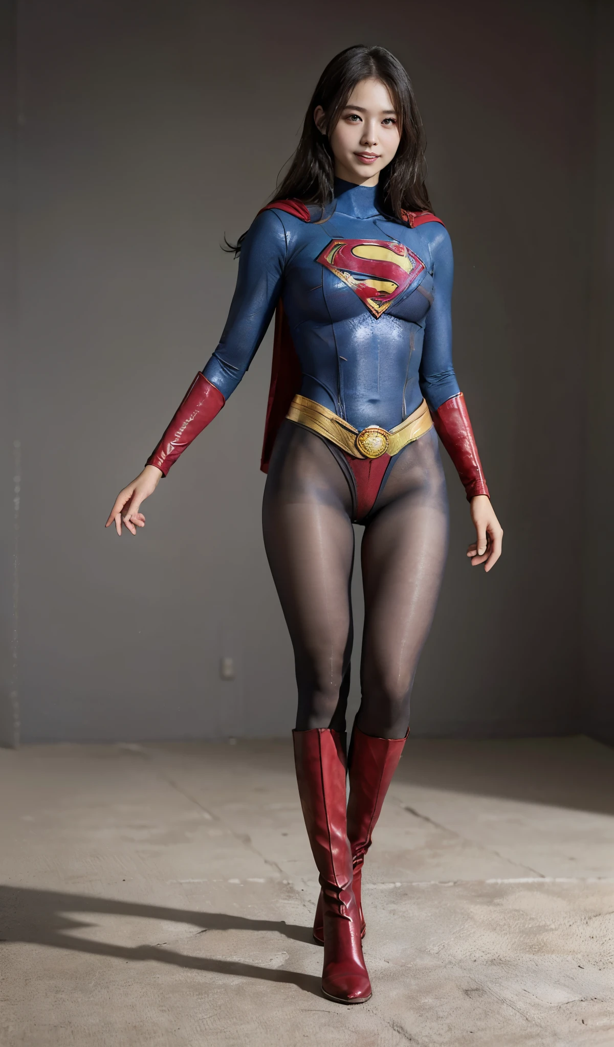 No background、(((Beautiful legs in black tights.)))、(((Legally express the beauty of your smile)))、((((Make the most of your original images)))、(((Supergirl Costume)))、(((Beautiful Hair)))、(((suffering)))、(((Please wear black tights....、Wear red boots)))、((Best image quality、8K))、((highest quality、8K、masterpiece:1.3))、(((keep background )))、Sharp focus:1.2、Beautiful woman with perfect figure:1.4、Thin abdominal muscles:1.2、Wet body:1.5、Highly detailed face and skin texture、8K