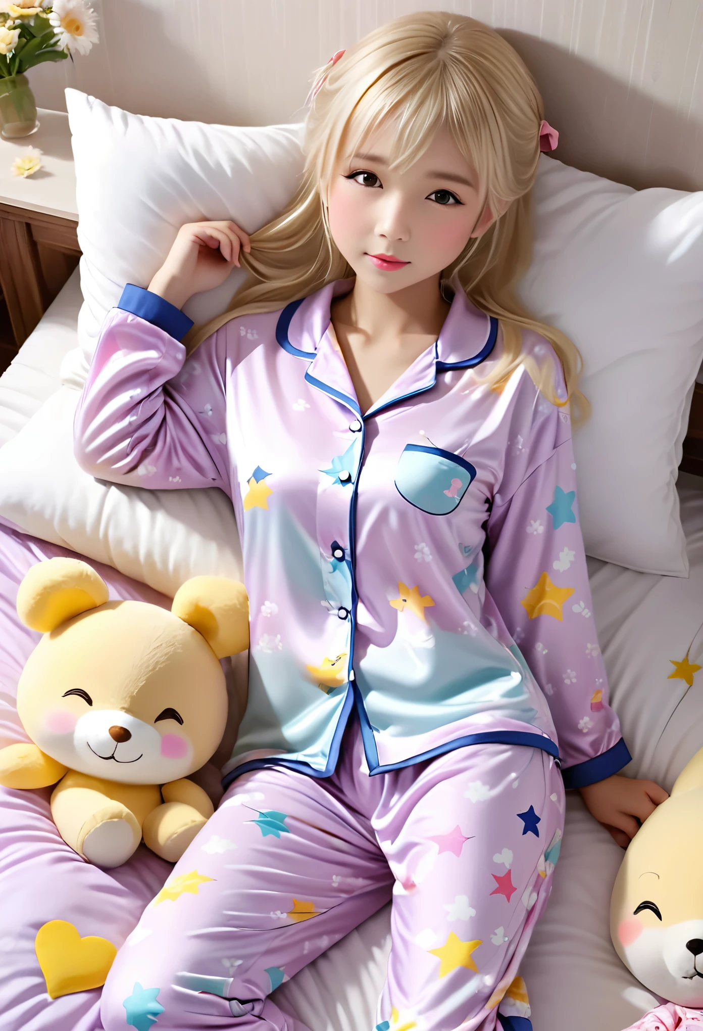 (masterpiece, best quality:1.2), 1 Blonde little **** alone，Perfect breasts，,Cute Pajamas,Sleeping in bed