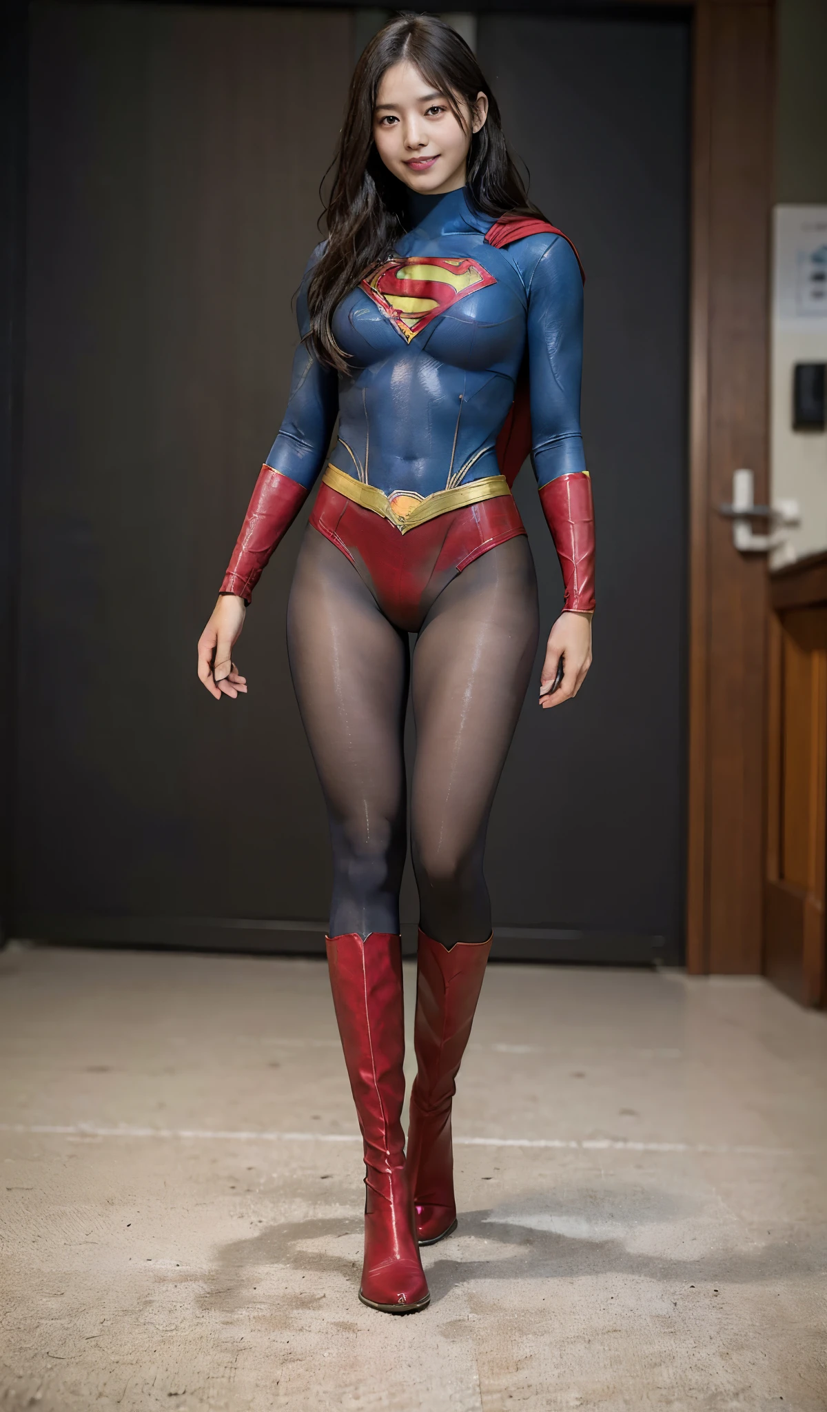 No background、(((Beautiful legs in black tights.)))、(((Legally express the beauty of your smile)))、((((Make the most of your original images)))、(((Supergirl Costume)))、(((Beautiful Hair)))、(((suffering)))、(((Please wear black tights....、Wear red boots)))、((Best image quality、8K))、((highest quality、8K、masterpiece:1.3))、(((keep background )))、Sharp focus:1.2、Beautiful woman with perfect figure:1.4、Thin abdominal muscles:1.2、Wet body:1.5、Highly detailed face and skin texture、8K
