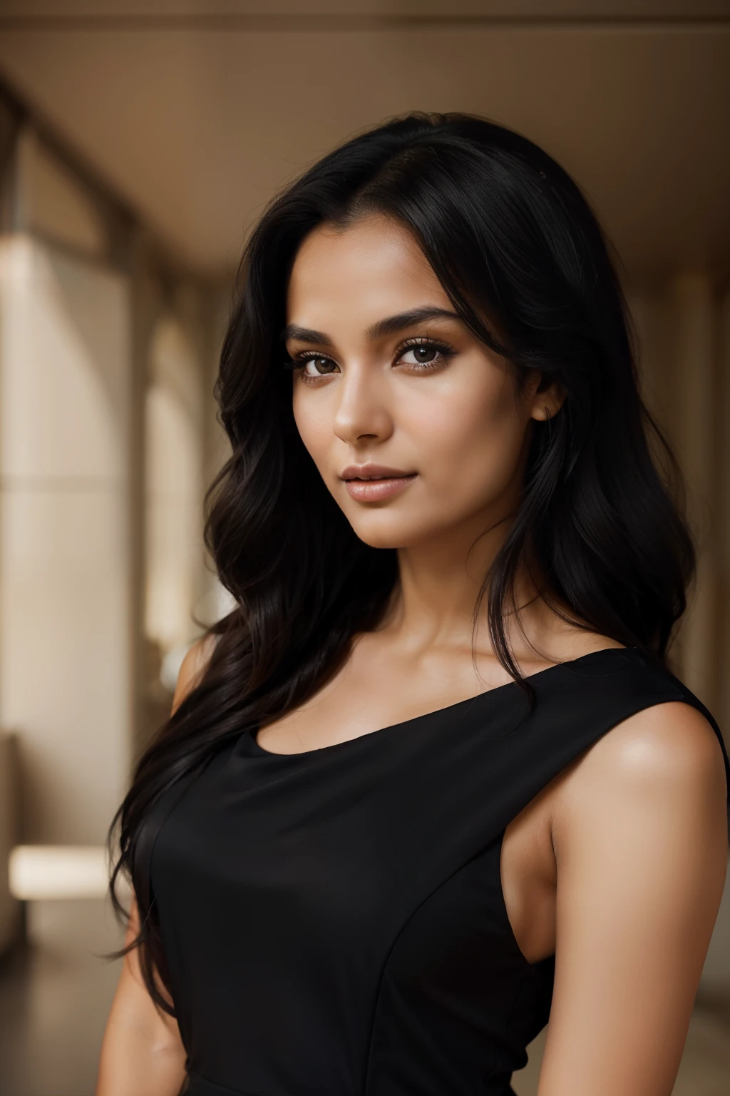 Beautiful 25-year-old woman, with an actress-like presence, poses confidently for a straight-on, passport-style photograph in a sleek black dress that accentuates her perfect figure. Her raven-black hair cascades down in soft, blow-dried waves, framing her face with intricate detail and texture. Her sensual lips carry a subtle curl, complementing her ivory skin color.
Captured with a 25mm lens and an f/1.2 aperture, every detail of her exquisite facial features comes to life in this ultra-realistic portrait photography session. The image is rendered in 8K resolution, allowing viewers to
