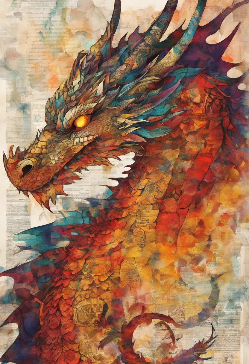 dragon feu rougeoyant, regard heureux émerveillé rayonnant, souriant, posture sereine rayonnante, fond brasier::2 colorful ink painting ::2 art fantasy