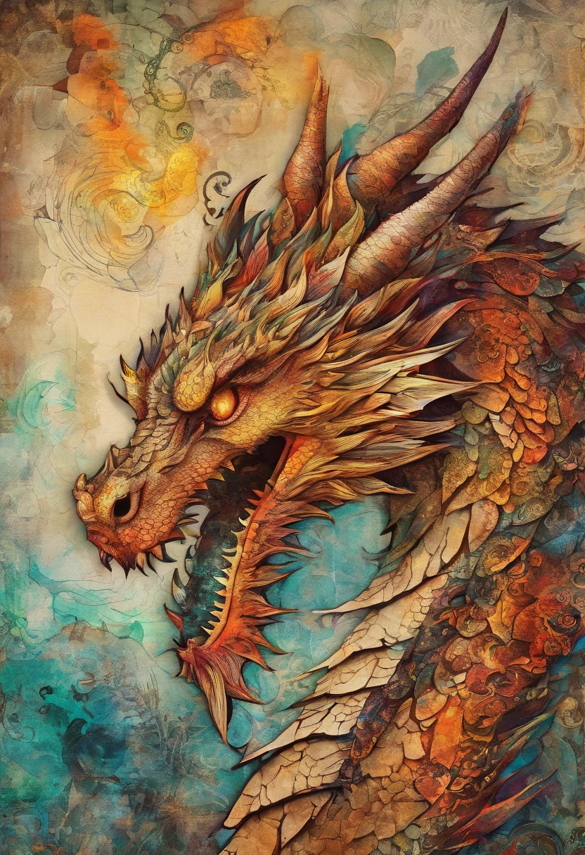 dragon feu rougeoyant, regard heureux émerveillé rayonnant, souriant, posture sereine rayonnante, fond brasier::2 colorful ink painting ::2 art fantasy