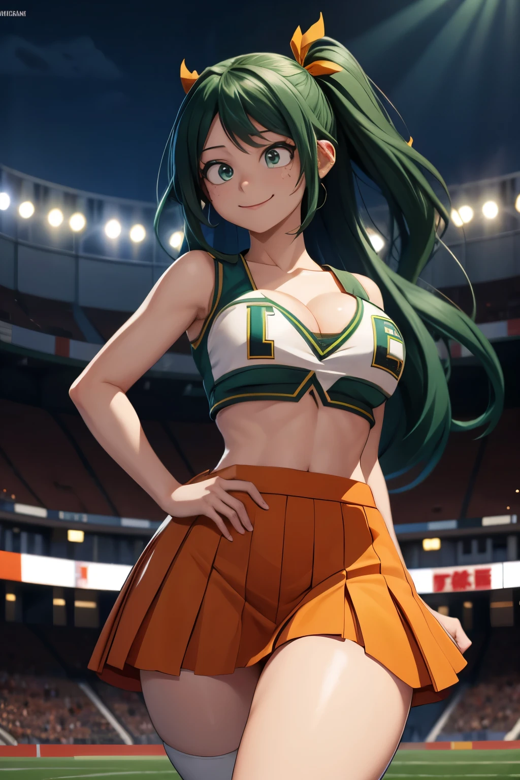 maximum quality, intrincate details, female Izuku Midoriya, long green hair reaching the middle of her back, big breasts, big hips, provocative pose, sexual body, mischievous smile, confident expression, looking at viewer, keeping eye contact, stadium in the background, U.A. Cheeruniform, orange top, orange skirt, precise hands, cleavage, breasts showing under top