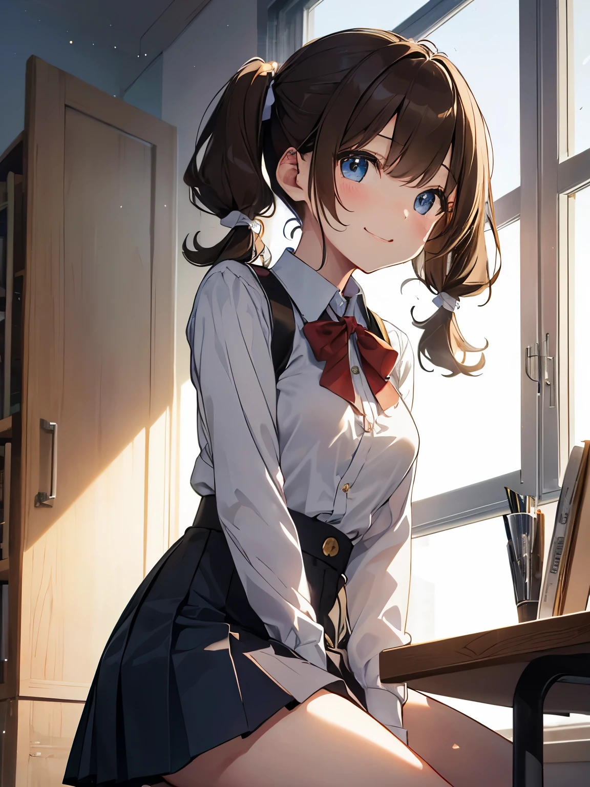 Browsing Caution:1.4, 8k, expensiveest quality, masterpiece, Vibrant, Real person, Wallpaper by Unity 8k, School classroom、Sit at a desk、Sit with your legs apart、(1 girl) , Beautiful Eyes, (Delicate face) , Perfect detail, (Best lighting) , (超Complexdetailed),、(Shooting from below:1.5)、Peeking out from under the skirt、Cowboy Shot、{Low Angle:1.4}、Showing panties、Laughter、Smiling Girl、expensive , {Navy Blue Blazer:1.2}、{White shirt}、{yellow ribbon}、{Grey pleated skirt}、((Small breasts:1.2))、wears a proper uniform、(1 girl),(Beautiful Eyes、detailedに描かれた、face every detail、masterpieceサイドライト、masterpiece、expensiveest quality、detailed、High resolution illustrations),Delicate makeup, (close:1.2)、throw、Soft focus ground bokeh、Turn to me and smile,black eye, (((brown hair)))、Curly Hair,short hair, ((Low twin tails:1.3), (Short pigtails:1.3), 非常にdetailedな, Complex, Tabletop, Absurd
