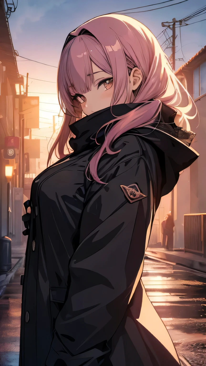 (wide angle 1.5), anime girl with a hood and covering her mouth with a scarf, rose colored hair, arcueid \(coat\), rainy atmosphere by sundown, anime graphic illustration, anime art wallpaper 4k, anime art wallpaper 4 k, anime art wallpaper 8 k, anime style 4 k, detailed digital anime art, anime abstract art, anime style illustration, digital anime illustration, cute detailed digital art, anime style artwork, anime styled digital art, anime illustration, grimm dark colours, sundown ambience