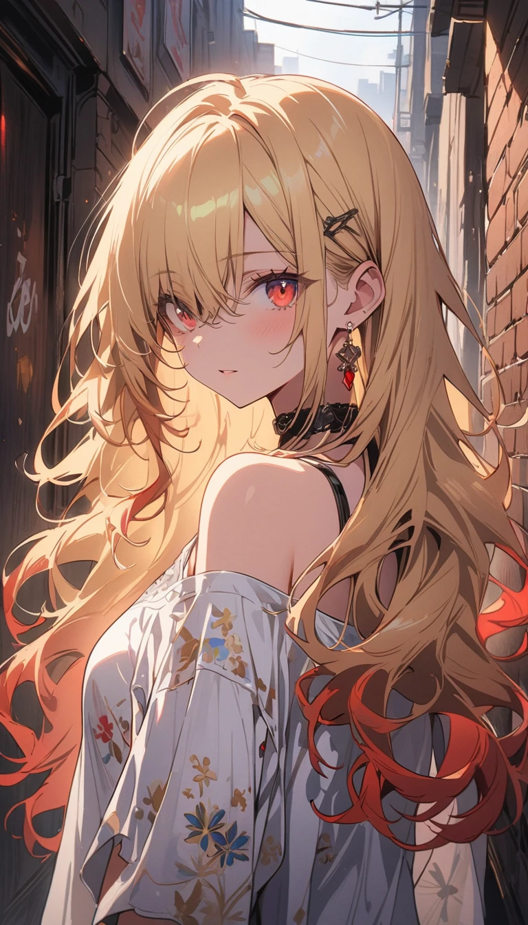 超8K  masterpiece, ((非常にdetailedな背景, Delicate pattern, 複雑なdetailed)), highest quality, 複雑なdetaileds, chromatic aberration, One girl, Long Hair, Blonde, Messy Hair, Red highlights, Hair on one eye, Sharp eyes, choker, Brick wall, graffiti, Dim lighting, alley, Oversized shirt,Off the shoulder, Sheer white shirt, masterpiece, highest quality、(highest quality、masterpiece、High resolution、detailed)Anime Style、flat style、(Shining Eyes、detailed美しい顔),  BREAK,