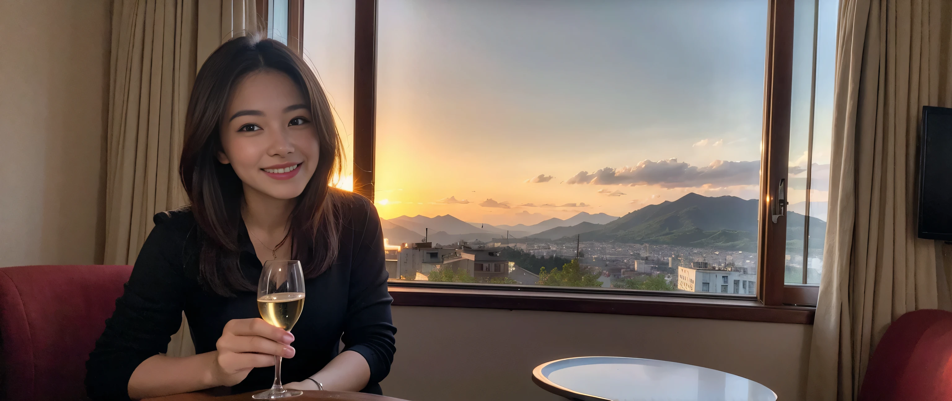 ((highest quality、8k、masterpiece:1.3))、Sharp focus:1.2、Beautiful woman perfect body:1.4、Slim body、((Bob Hale、Straight hair:1.2))、(to be born, highest quality, masterpiece:1.5), (Realistic, Intricate details:1.2), Ultra-high resolution, shine a light on your face、Spectacular view of the sunset sky and clouds、Amazing mountain views、A bright smile、wine glass、red wine 、Appetizer、Italian food、Wine bottle、Champagne、sparkling wine、, Beautiful Face, blue eyes, The light shines on your face, Blushing, short hair,Bright Face、Fox face、 (36 years old), 39 years old, Lady、Two beauties、brown hair、Shortcuts、Long sleeve shirt、dress、Pretty Woman 1, (slim face), (The body is slim), (brown hair), (Shortcuts), cheeks turn a little red,charming beauty、, Out of the window, A beautiful and detailed night view unfolds.........., restaurant, In a prominent place (From the waist up) Nova Frog Style, actress, model, Upper Body, White wine, slim, wine glass, A wine glass placed in the middle, smile, (smile: 1.15), Beautiful fine grain, Depth f/2,saturation, High Contrast, Strong light and shadow,Moist Body:1.5、3D texture、Delicate eyes、brown hair、The hair is very shiny、