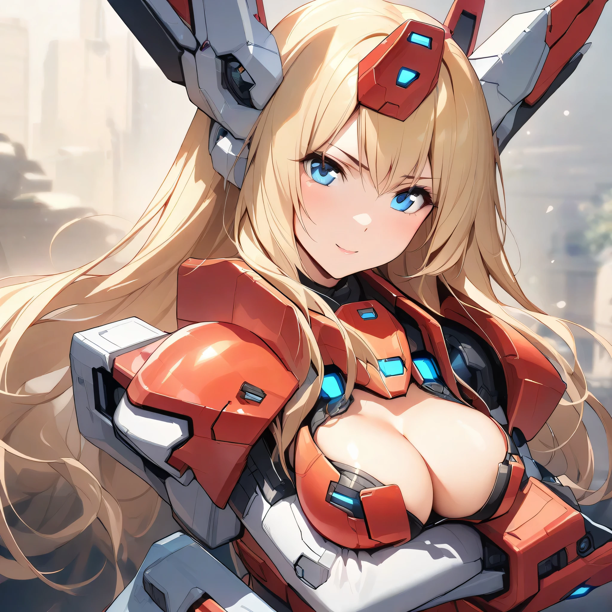 (masterpiece),(best quality),(ultra-detailed),(best illustration),(best shadow),(absurdres),(detailed background),(very aesthetic), 1girl, solo, light blonde hair, long hair, blue eyes, seductive smile, large breasts, mecha musume, armor, looking at viewer, arms crossed, cute eyes, portrait, red armor, 