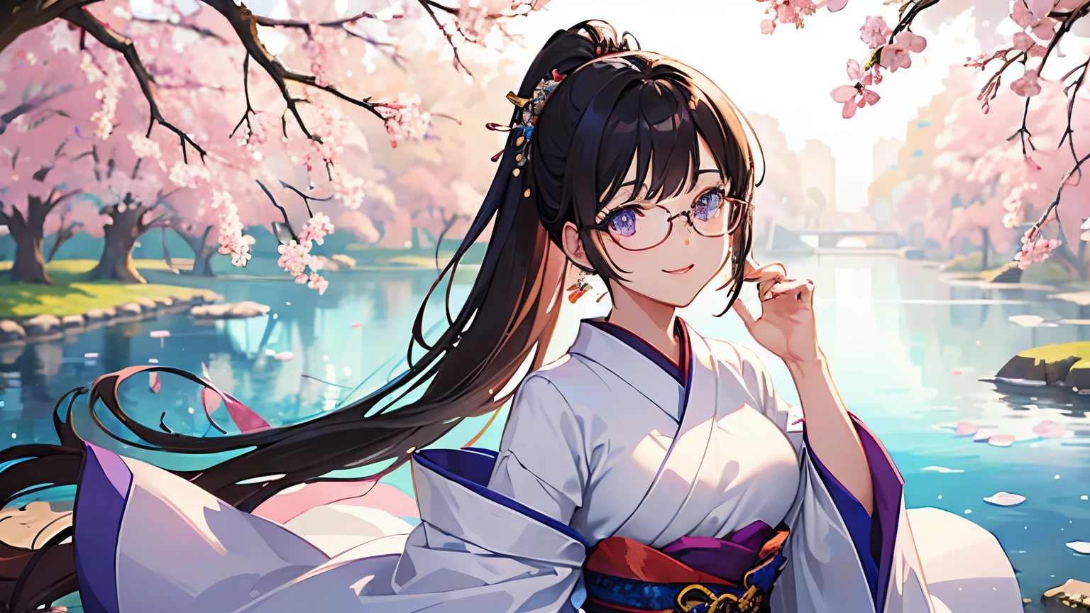 ((masterpiece)), ((highest quality)), (Very detailed), ((cute)), cute, (Lovely), ((sexy)), (device), ((Very detailed)), 4K, (8k), highest quality, (beautiful), Anime Style, whole body, Focus on the face, whole bodyの集中, Japanese garden, Sunny morning, cute girl, 1 girl, alone, Brightly colored Japanese kimono, beautiful light brown hair, beautiful purple eyes, ((beautiful eyes)), White skin, ponytail, Transparent Hair, Translucent hair, Big Tits, Glasses, A light smile, Lens flare, Reflection effect、Cherry tree in full bloom、Looking towards me and smiling、