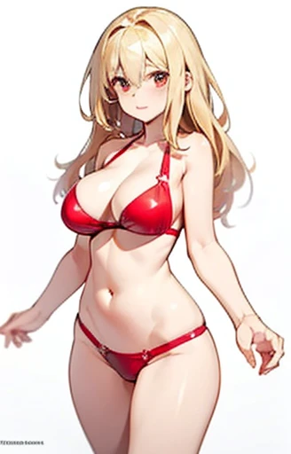 （masterpiece：1.6，best quality），（Eyes are thin and beautiful：1.2），（Overhead），high quality，Pretty Face，huge，Wide hips，Convex, 丰满而Mature的女人,Long blond hair,Red eyes, Frontal photography, masterpiece, ((The background is blank: 1.3)), Front main light source，Mature, Performance, ，Perfect anatomical structure，((White skin))，Standing picture， （Red bikini：1.7）