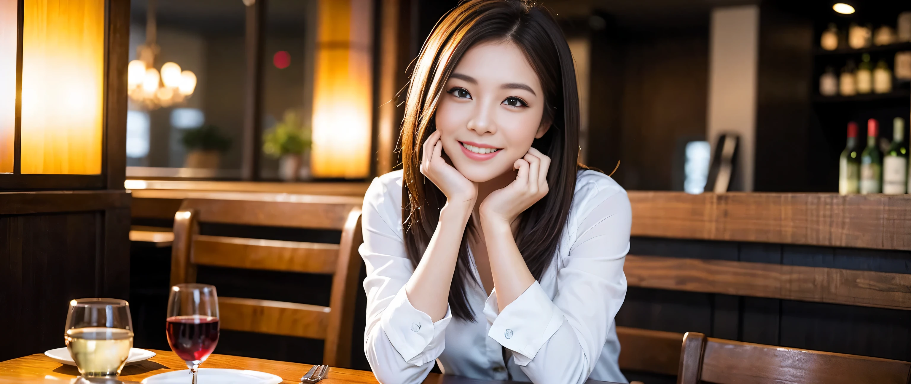 ((highest quality、8k、masterpiece:1.3))、Sharp focus:1.2、Beautiful woman perfect body:1.4、Slim body、((Bob Hale、Straight hair:1.2))、(to be born, highest quality, masterpiece:1.5), (Realistic, Intricate details:1.2), Ultra-high resolution, shine a light on your face、Spectacular view of the sunset sky and clouds、Amazing mountain views、A bright smile、wine glass、red wine 、Appetizer、Italian food、Wine bottle、Champagne、sparkling wine、, Beautiful Face, blue eyes, The light shines on your face, Blushing, short hair,Bright Face、Fox face、 (36 years old), 39 years old, Lady、Two beauties、brown hair、Shortcuts、Long sleeve shirt、dress、Pretty Woman 1, (slim face), (The body is slim), (brown hair), (Shortcuts), cheeks turn a little red,charming beauty、, Out of the window, A beautiful and detailed night view unfolds.........., restaurant, In a prominent place (From the waist up) Nova Frog Style, actress, model, Upper Body, White wine, slim, wine glass, A wine glass placed in the middle, smile, (smile: 1.15), Beautiful fine grain, Depth f/2,saturation, High Contrast, Strong light and shadow,Moist Body:1.5、3D texture、Delicate eyes、brown hair、The hair is very shiny、
