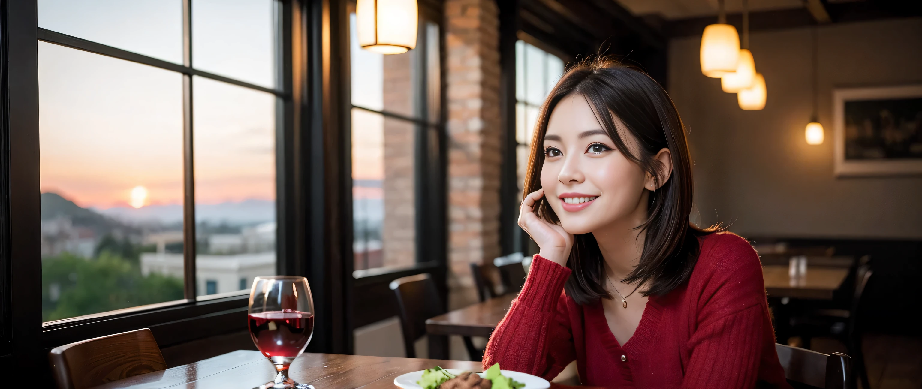 ((highest quality、8k、masterpiece:1.3))、Sharp focus:1.2、Beautiful woman perfect body:1.4、Slim body、((Bob Hale、Straight hair:1.2))、(to be born, highest quality, masterpiece:1.5), (Realistic, Intricate details:1.2), Ultra-high resolution, shine a light on your face、Spectacular view of the sunset sky and clouds、Amazing mountain views、A bright smile、wine glass、red wine 、Appetizer、Italian food、Wine bottle、Champagne、sparkling wine、, Beautiful Face, blue eyes, The light shines on your face, Blushing, short hair,Bright Face、Fox face、 (36 years old), 39 years old, Lady、Two beauties、brown hair、Shortcuts、Long sleeve shirt、dress、Pretty Woman 1, (slim face), (The body is slim), (brown hair), (Shortcuts), cheeks turn a little red,charming beauty、, Out of the window, A beautiful and detailed night view unfolds.........., restaurant, In a prominent place (From the waist up) Nova Frog Style, actress, model, Upper Body, White wine, slim, wine glass, A wine glass placed in the middle, smile, (smile: 1.15), Beautiful fine grain, Depth f/2,saturation, High Contrast, Strong light and shadow,Moist Body:1.5、3D texture、Delicate eyes、brown hair、The hair is very shiny、