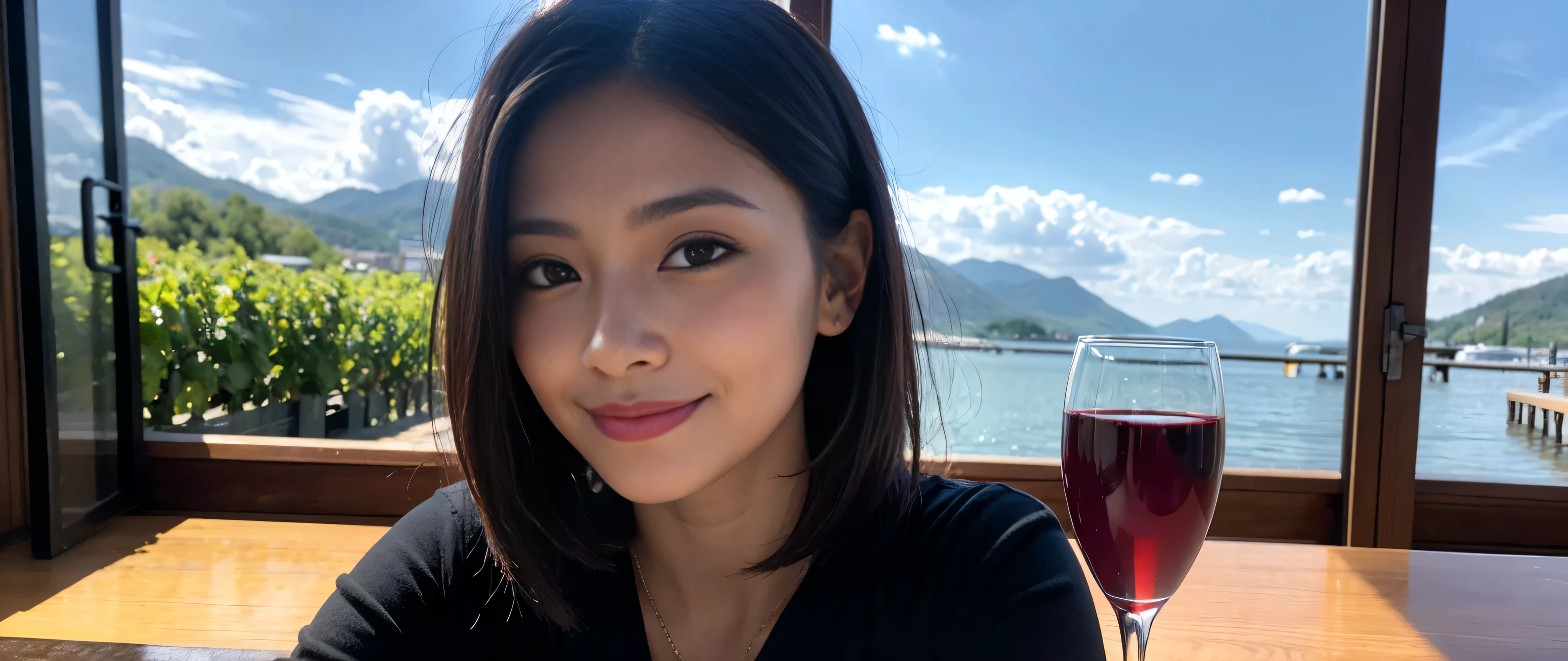 ((highest quality、8k、masterpiece:1.3))、Sharp focus:1.2、Beautiful woman perfect body:1.4、Slim body、((Bob Hale、Straight hair:1.2))、(to be born, highest quality, masterpiece:1.5), (Realistic, Intricate details:1.2), Ultra-high resolution, shine a light on your face、Spectacular view of the sunset sky and clouds、Amazing mountain views、A bright smile、wine glass、red wine 、Appetizer、Italian food、Wine bottle、Champagne、sparkling wine、, Beautiful Face, blue eyes, The light shines on your face, Blushing, short hair,Bright Face、Fox face、 (36 years old), 39 years old, Lady、Two beauties、brown hair、Shortcuts、Long sleeve shirt、dress、Pretty Woman 1, (slim face), (The body is slim), (brown hair), (Shortcuts), cheeks turn a little red,charming beauty、, Out of the window, A beautiful and detailed night view unfolds.........., restaurant, In a prominent place (From the waist up) Nova Frog Style, actress, model, Upper Body, White wine, slim, wine glass, A wine glass placed in the middle, smile, (smile: 1.15), Beautiful fine grain, Depth f/2,saturation, High Contrast, Strong light and shadow,Moist Body:1.5、3D texture、Delicate eyes、brown hair、The hair is very shiny、