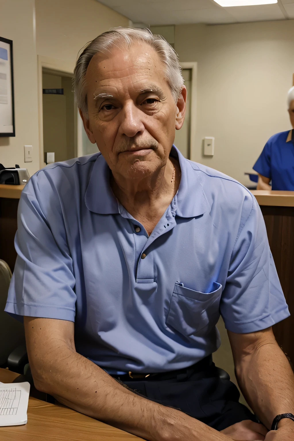 an old male american guy at a front desk of a hospital
