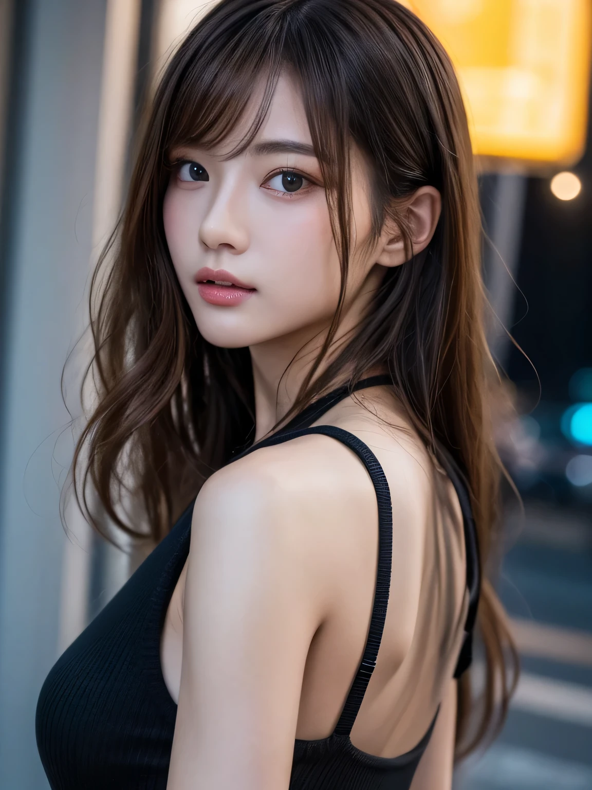 masterpiece、1 beautiful girl、Detailed eyes、Puffy eyes、highest quality, 超A high resolution, (Reality: 1.4), Cinema Lighting、Asian Beauty、Korean、Super Beauty、Beautiful Skin、Slender、Body facing forward、(Surreal)、(High resolution)、(8k)、(Very detailed)、(Beautiful and detailed eyes)、(Ultra-detailed)、 (wall-)、Detailed face、Bright lighting、Professional Lighting、View your viewers、Look straight ahead、black knitwear、Diagonal bangs、Night Scenery、brown hair、19 years old、expensive,