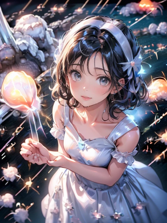cute girl, (((looking up at meteor shower:1.4))), masterpiece:1.4, best quality:1.4, 8k, CG, photorealistic:1.37, beautiful ultra-delicate (hair, eyes, face, hands, meteor shower), short straight black hair, flowy hair, through bangs, fluffly pure white ball gown dress, (dutch angle:1.2),