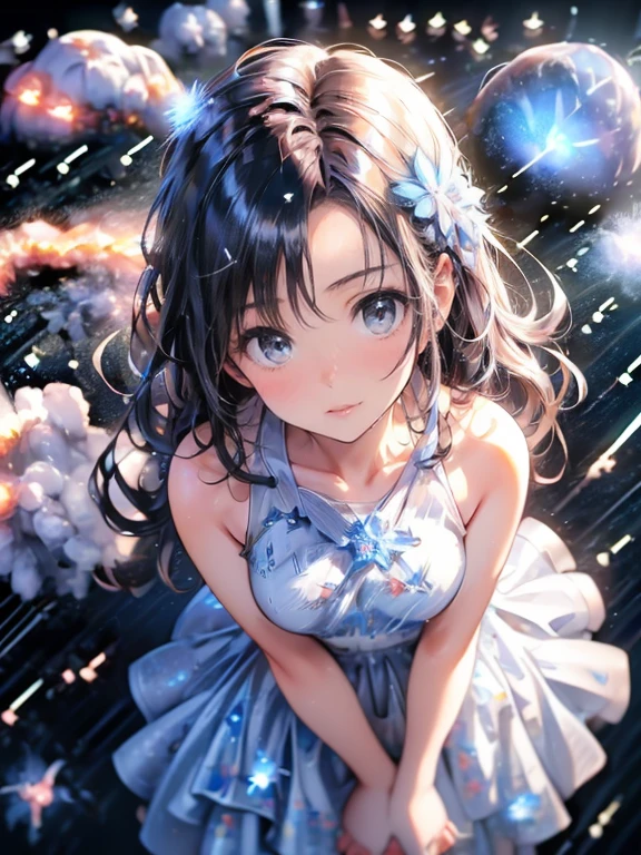 cute girl, (((looking up at meteor shower:1.4))), masterpiece:1.4, best quality:1.4, 8k, CG, photorealistic:1.37, beautiful ultra-delicate (hair, eyes, face, hands, meteor shower), short straight black hair, flowy hair, through bangs, fluffly pure white ball gown dress, (dutch angle:1.2), 